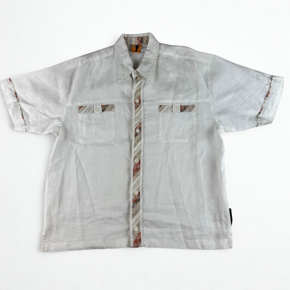 Steve‎ Harvey Linen Shirt XL White Short Sleeve Button Up Retro Cuban Style